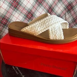 Pierre Dumas White Braided Crisscross Slide Sandals